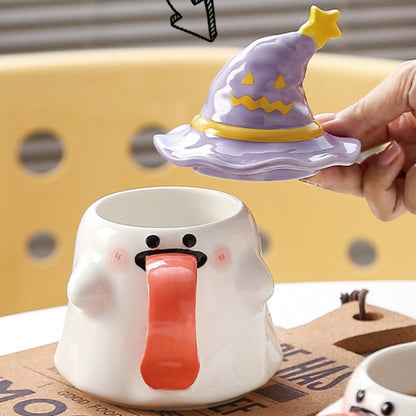 Long-Tongued Ghost Mug — Cute Design, Lid for Warmth, Perfect Halloween Gift