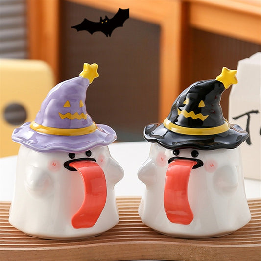 Long-Tongued Ghost Mug — Cute Design, Lid for Warmth, Perfect Halloween Gift