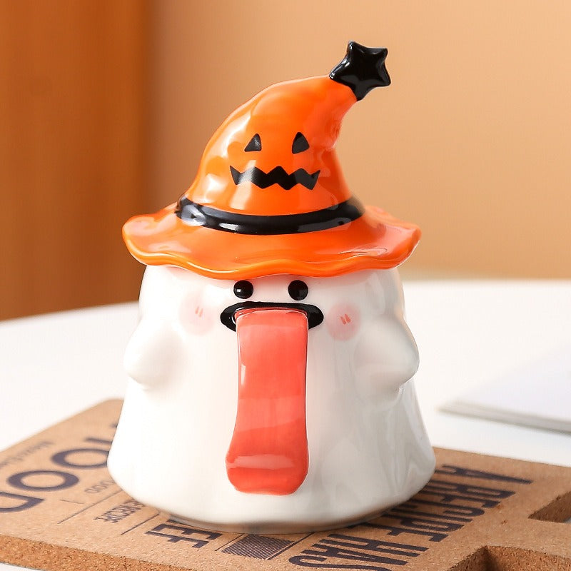 Long-Tongued Ghost Mug — Cute Design, Lid for Warmth, Perfect Halloween Gift